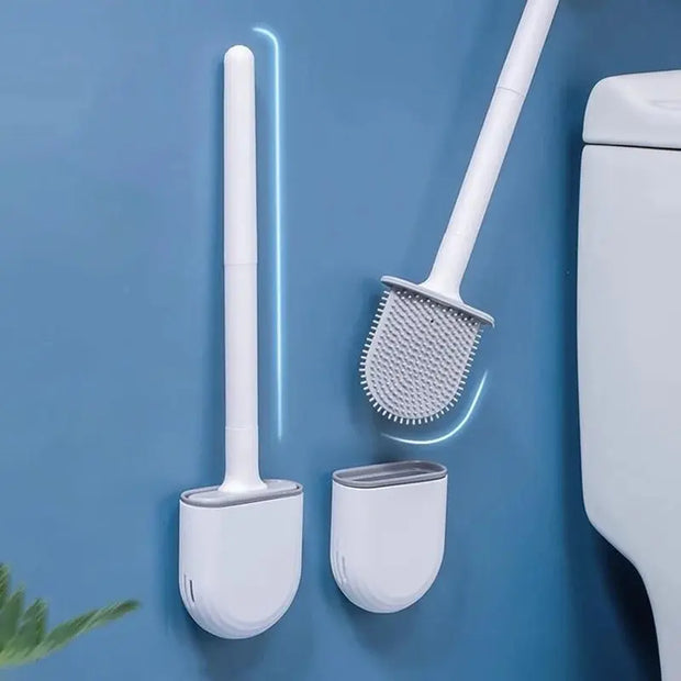 Brosse WC murale en silicone bleu avec long manche - La Boutique Des Toilettes 