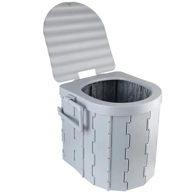 Toilette pliante portable grise avec siège et couvercle