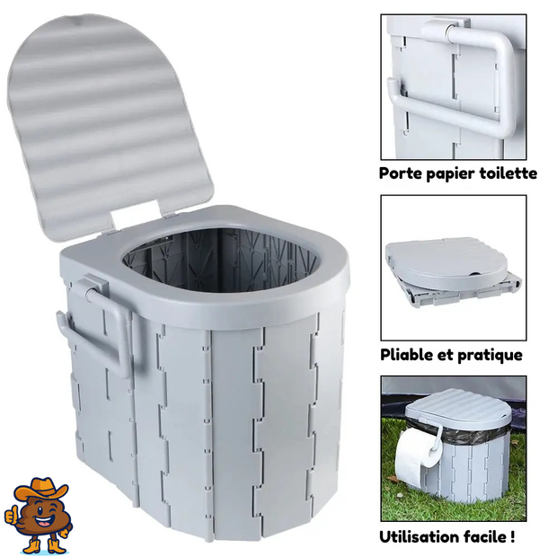 Toilette pliante portable grise avec siège et couvercle